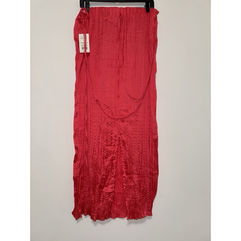 Women's Textured Crinkle Vibrant Pink Satin Midi Skirt Size XL - Picture 12 of 14